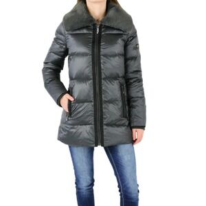 BCBG Max Azria Womens S Puffer Coat Gunmetal Gray Down Jacket Faux Fur Collar